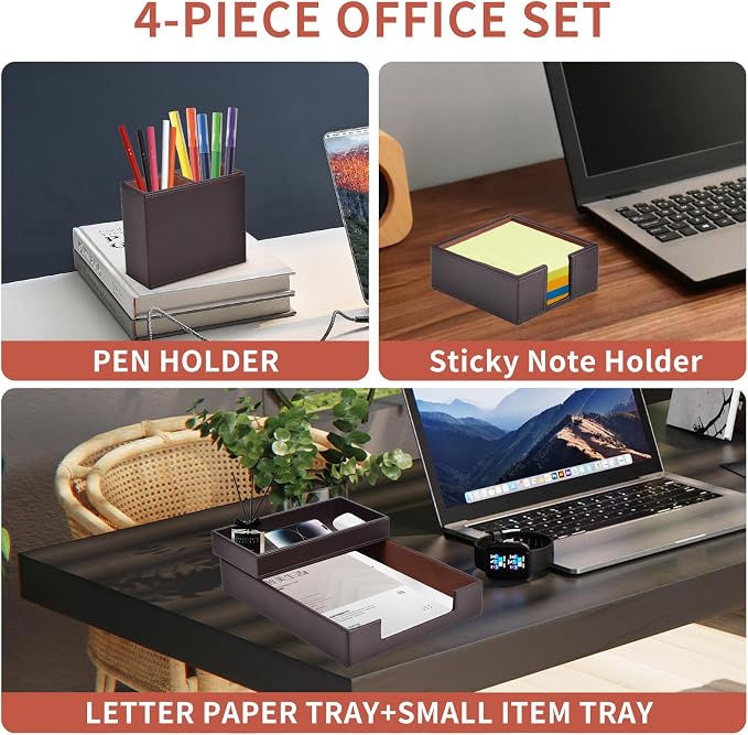 4 Pack Leather Office Supplies/Desk Organizer for Letter Paper Tray,Sticky Note Holder,Pen Cup,Stackable Small Letter Mail Sorter Tray,Workspace Decor for Women Men (Brown, 4-piece set) - Image 2