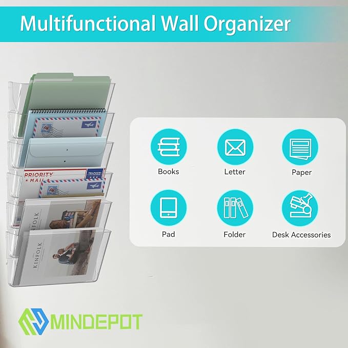 MINDEPOT 6 Pockets Acrylic Wall File Organizer Clear File Holder for Office | Acrylic Wall File Organizer Clear File Holder for Office - Image 6