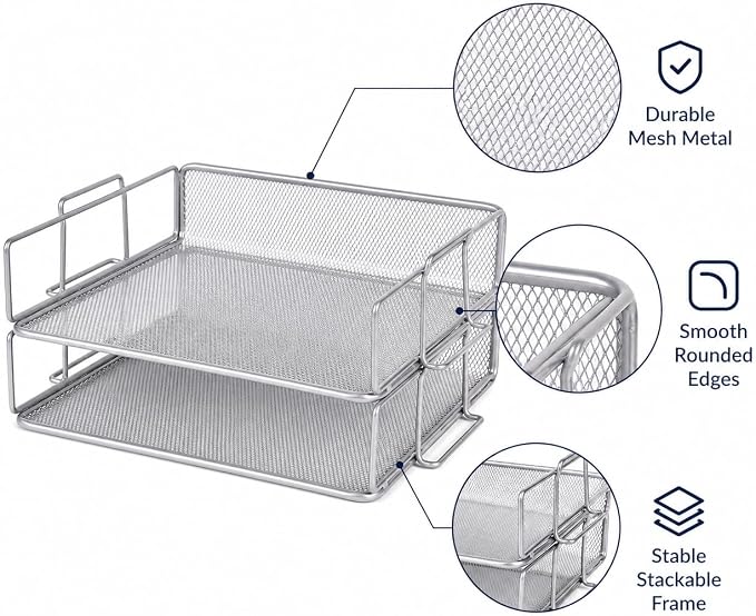 EXERZ Letter Trays 2pcs Stackable Paper Sorter/Desk File Tray/Desk Organizer - Metal Rack - Office, School, Home(Silver Grey Colour) | Two Tier Metal Mesh Stackable Saves Desk Space Holds A4 Papers Folders Notebooks Magazines For Office Home School - Image 3