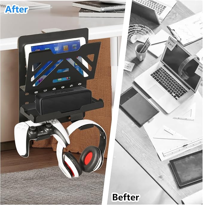 MAXECHO Desk Side Storage Holder, Metal Pegboard, Above or Under Desk Laptop Mount, Table Side Hanging File Organizer, Clamp On Cable Management Tray, Peg Board for Gaming, Office - Image 5