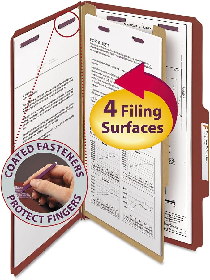 Smead Pressboard Classification File Folder with SafeSHIELD Fasteners, 1 Divider, 2" Expansion, Legal Size, Red, 10 per Box (18775) by SMEAD