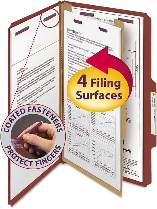 Smead Pressboard Classification File Folder with SafeSHIELD Fasteners, 1 Divider, 2" Expansion, Legal Size, Red, 10 per Box (18775) by SMEAD