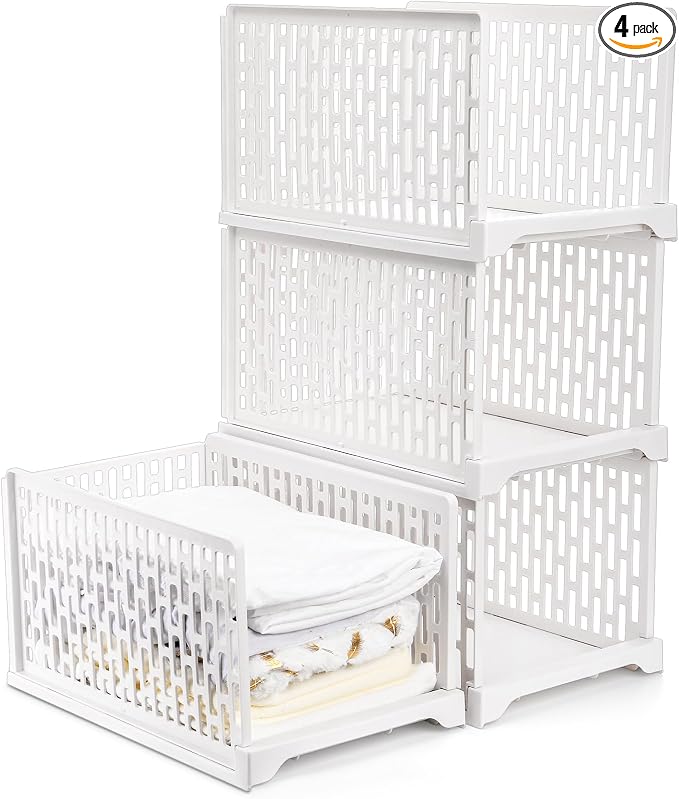 AVLA 4 Pack 38" Stackable Plastic Storage Basket, Plastic Foldable Closet Organizer Storage Bins, Wardrobe Storage Box Clothes Drawer Shelf Container for Cupboard Bedroom Dorm Bathroom Kitchen Office by AVLA