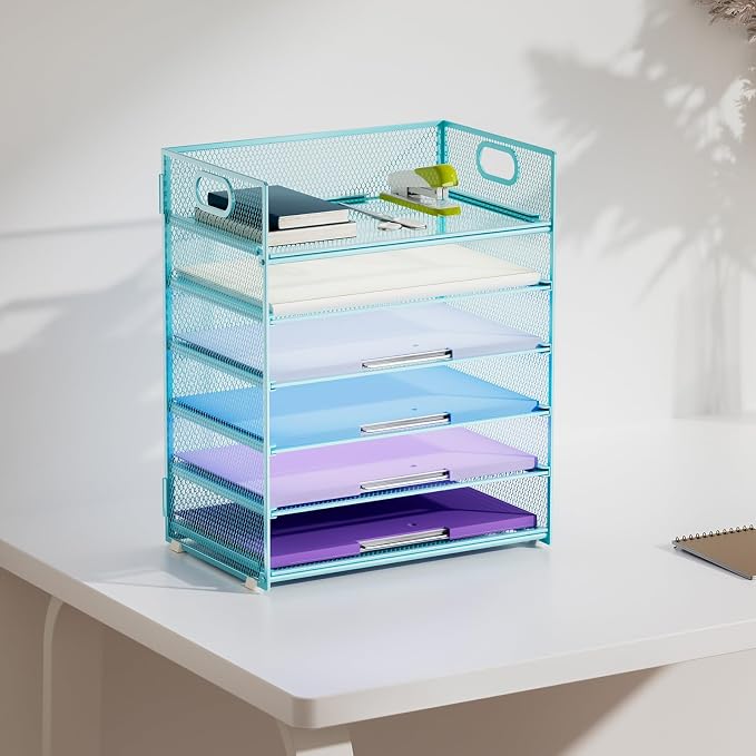 Marbrasse 2 Pack Desk Organizer with Handle, 6 Tier Paper Letter Tray, Mesh Desk File Organizer for Office, School and Home - Blue - Image 6