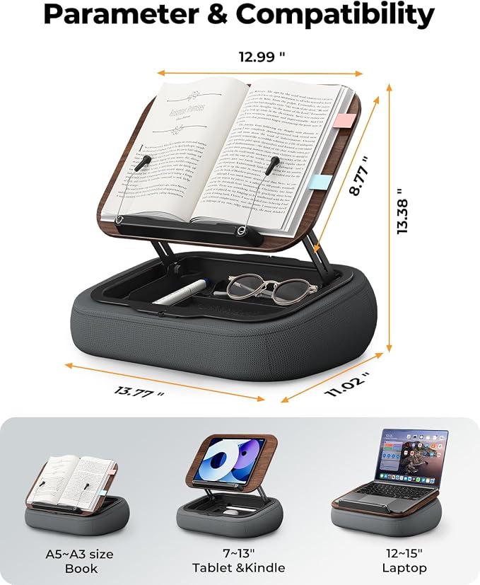 Lap Beanbag Book Stand with Storage, Adjustable Reading Pillow for Bed & Desk, Multi-Angle Book Stand Pillow Holder, Hands-Free Lap Reading Stand for Book,iPad, Tablet (Dark Wood with Light) - Image 3