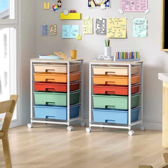 SYKIARIOL Utility Cart with Drawers,5 Drawers Storage Cart,Macaron | 5-Tiers Storage Cart with Drawers with Lockable Wheels for Craft Organizers and Storage,Home Office,Classroom,Dorm,Playroom - Image 9