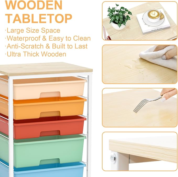 SYKIARIOL Utility Cart with Drawers,5 Drawers Storage Cart,Macaron | 5-Tiers Storage Cart with Drawers with Lockable Wheels for Craft Organizers and Storage,Home Office,Classroom,Dorm,Playroom - Image 5