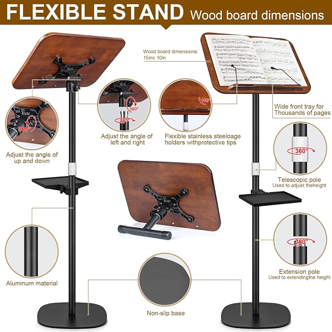 2 in 1 Dual-use Music Stand & Desktop Book Stand, Adjustable Height 16.5"-51", 100% Solid Wood Laptop Floor Stand Book Holder with Elastic Page Clips for Cookbooks (Black Walnut with Tray) - Image 5