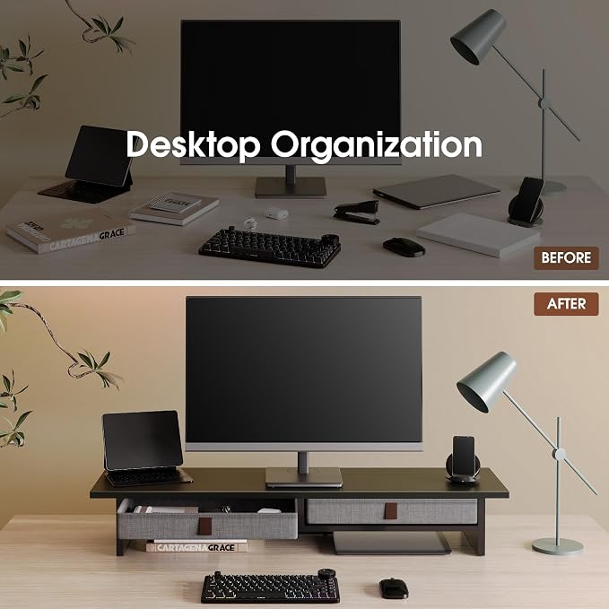 Fenge 35 Inch Monitor Stand with Drawer Storage, Computer Riser for Desk | Wooden Computer Shelf, 2 Tiers, for Dual Monitor/Laptop/PC/TV/Printer up to 55Lbs, Home Office Desk Organizer - Image 7
