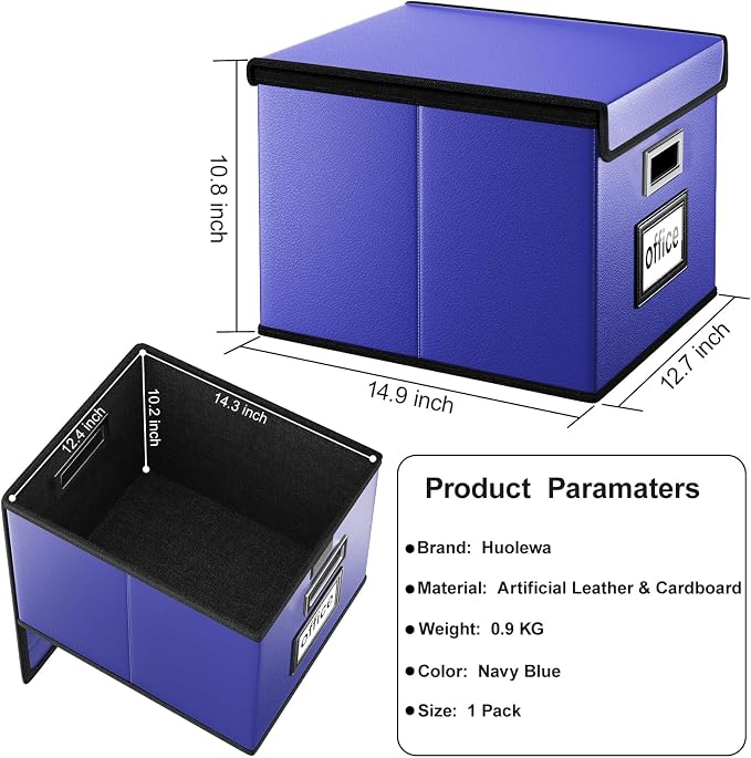 File Organizer Box with Lids, Collapsible File Folder Organizer | File Box with Plastic Slides for Document, Filing Bin for Letter Size Hanging File Folders (1 Pack, Navy Blue, Leather) - Image 6