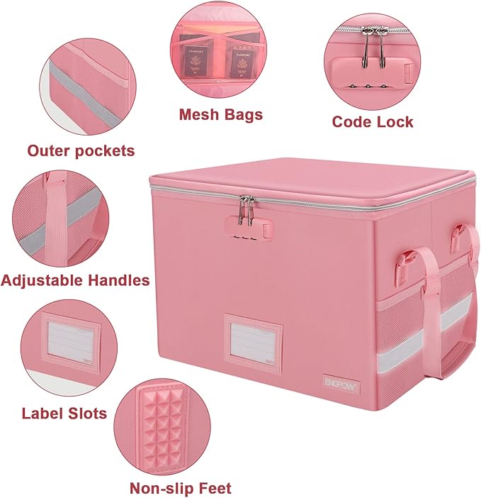 ENGPOW File Box with Lock, Fireproof Document Box with Pockets, Collapsible File Organizer Filing Storage Cabinet with Handle, Portable Home Office Safe for Hanging Letter/Legal Folders, Pink, 2 Pack - Image 4