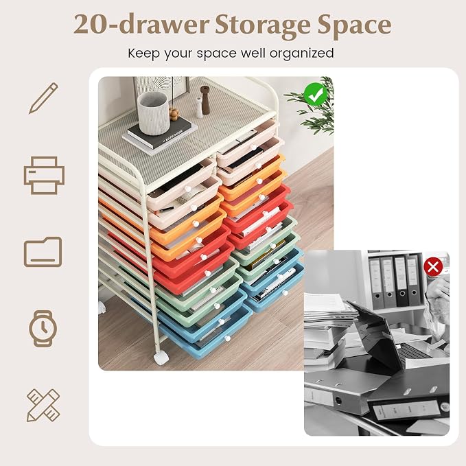 GOFLAME 20-Drawer Rolling Storage Cart, Multifunctional Art Craft Organizer Cart, Mobile Utility Storage Cart with Removable Drawers & Lockable Wheels, Craft Cart for Home Office School, Macaron Color - Image 4