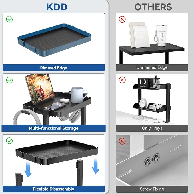 KDD Clamp On Desk Organizer - Adjustable 2-Tier Above or Under Desk Shelves with Large Capacity Tray, Phone & Tablet Holder, Headphone Hook - No Drilling Desktop Storage for Office & Home Accessories - Image 6