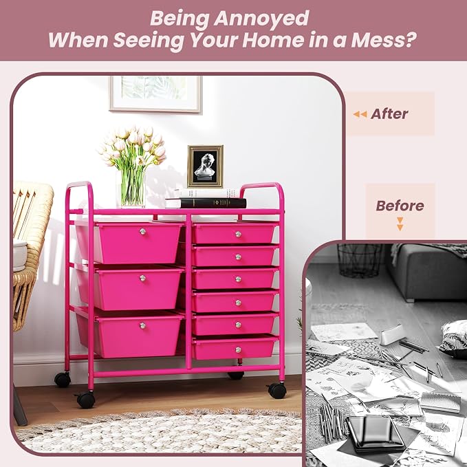 COSTWAY Rolling Storage Cart with 9 Drawer, Utility Cart with Metal Frame | Mobile Art Supply Craft Organizer, Multipurpose Storage Organizer for Paper, Office, School Teacher, Classroom, Hot Pink - Image 7
