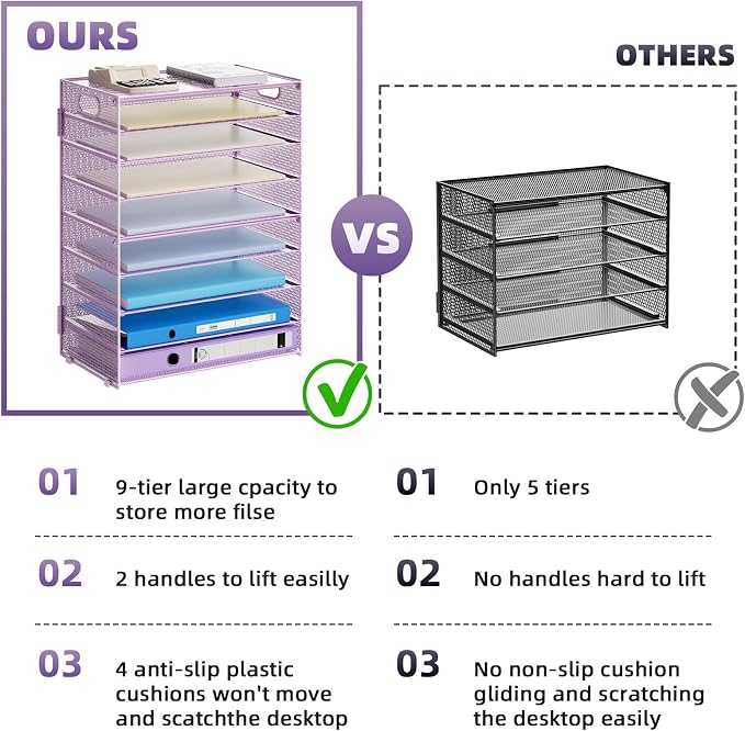 Marbrasse Paper Organizer Letter Tray, 9 Tier Mesh File Organizer with Handle, Paper Sorter Desk Organizer for Home Office Supplies - Purple - Image 2