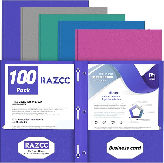 Two Pocket Folders, RAZCC 100 Pack Two Pocket with Prongs, 3 Prong Pocket Folders Letter Size, Paper Folders with Prongs for School Office Home Business, Assorted 5 Colors by RAZCC