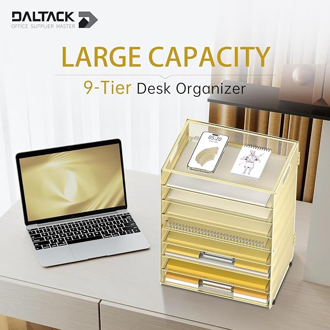 9-Tier Paper Organizer for Desk, Metal Mesh Letter Tray with Handles, Gold | Desk File Organizer with Removable Trays for Sorting Files, Folders, Mail and Printer Paper at Home, School or Office - Image 2