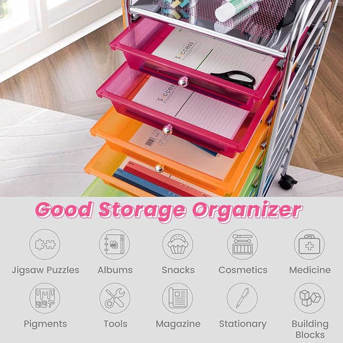Storage Cart, Rolling Utility Cart with 10 Drawers, Portable Handles & Lockable Wheels, Mobile Paper Toys Storage Organizer Large Capacity for Home Office School Teacher (Rainbow) - Image 5