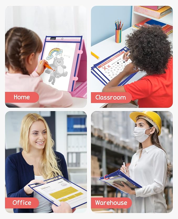 GAMENOTE 30 Pack Dry Erase Pockets, 10x14 Reusable Sleeves, Blue | 30 reusable PVC pockets hold 8.5 x 11 and 9 x 12 sheets; double sided wipe clean surfaces, pen loops, eyelets, and 5 rings - Image 4