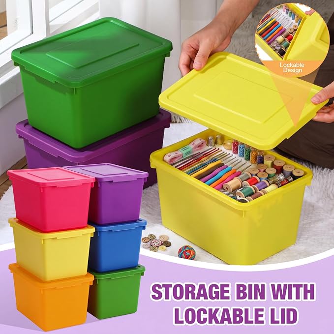 Potchen 6 Pack Small Stackable Storage Bins with Lids Plastic Storage Boxes for Classroom 9.8" ×7.3" ×5.7" Decorative Organizer Bins for Craft Art Office Teacher Supplies (Colorful) - Image 3