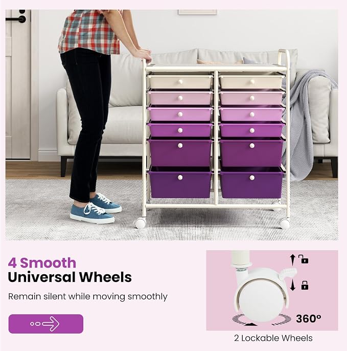 COSTWAY 12-Drawer Rolling Storage Cart, Moveable Art Craft Organizer | Lockable Wheels, Metal Shelf, Files Arrangement Tools Makeup Storage Cart for Office, Home, School (Purple Gradient) - Image 5
