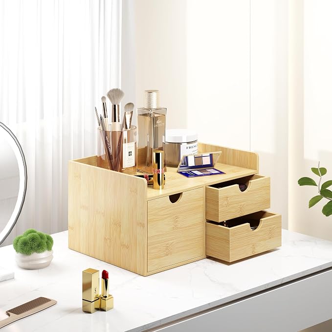Wisuce Bamboo Desk Drawer Organizer, 3 Drawer Desktop Organizer with Drawers Tabletop Storage Organization Box for Office Home Toiletries Supplies Vanity, No Assembly Required - Image 5