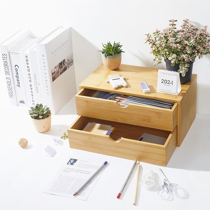 Charmewooden Bamboo Desk Organizer with Drawers, Countertop Organizer with Drawers Makeup Storage Drawer 2 Drawers Tabletop Storage Organization Box Home Office Workspace Bathroom Toiletries Supplies - Image 2