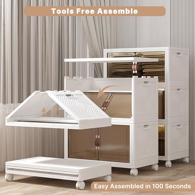 504QT Stackable Storage Bins with Lids, Doors & Wheels | Closet Organizers and Storage Cabinet , Lockable Plastic Foldable Drawers for Bedroom Dorm Office Garage（168QT*3,White） - Image 4