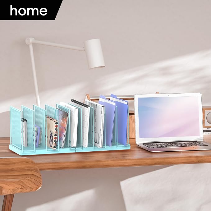 9-Section Desk File Organizer, Vertical File Holder, Mesh Desktop File Folder Metal File Organizer Stand for Office Home Classroom, Blue - Image 9