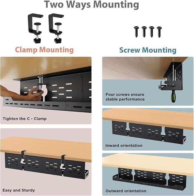 Univivi Under Desk Cable Management Tray, Cable Management, 32 inch, Black | Durable Steel Material, Under Desk Cable Tray with No-Drill C-Clamp and Screw Mount, Wire Management for Office/Home - Image 2