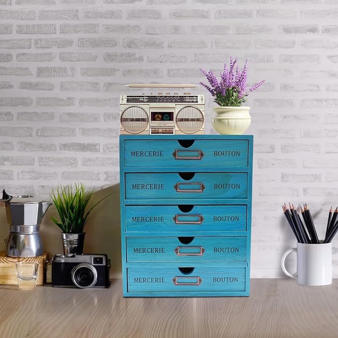 5 Drawer Wooden Desk Organizer, Wooden Storage Box Desktop Storage, Countertop Drawers Library Card Catalog Cabinet Apothecary Cabinet, Vintage Wood Home Office Desk Organizer (Blue) - Image 2