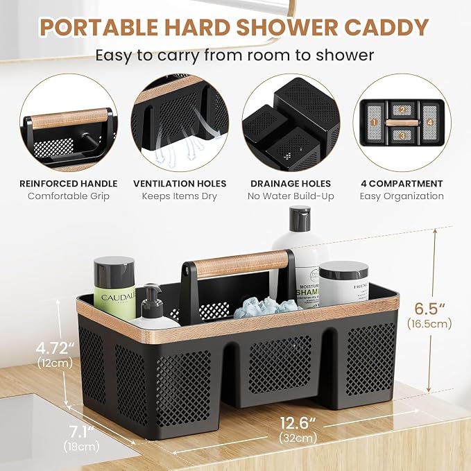 BYUNER Plastic Shower Caddy Dorm: Portable Hard Shower Basket with Handle, 4 Divided Compartments, All-Side Drainage, Bathroom & Cleaning Caddy for College Dorm Room Essentials, Black/wood grain - Image 8