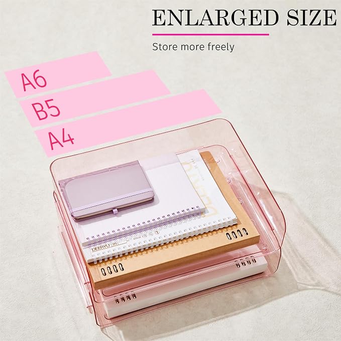 Harloon 4 Tier Pink Acrylic Paper Organizer 13 x 9.8 x 3 Inches Letter Tray Desk File Organizer Stackable Documents Clear Letter Paper Holder Office Tray for A4, Office Home File Desktop Storage - Image 4