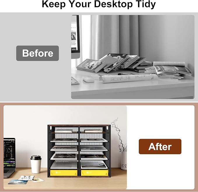 TQVAI 12 Compartments Desktop Literature Organizer, Metal Frame Paper Sorter with Handles, Adjustable Mailbox for Classroom and Office, Desk File Organizer for Document, Bill, Magazine, Antique Brown - Image 7