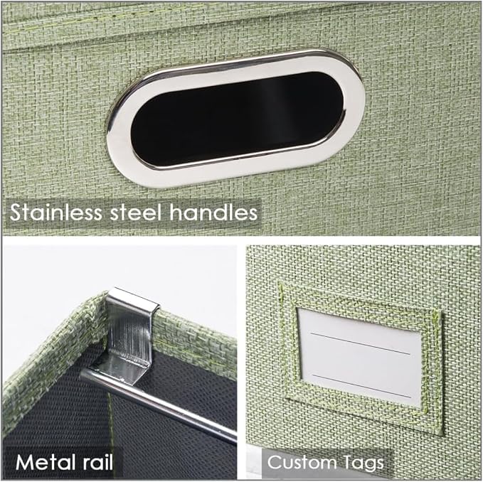 File Organizer Box - Set of 4 Collapsible Decorative Linen Filing Storage Hanging File Folders with Lids Office Cabinet Letter/Legal Size Green 17.1x14x11.1 inch - Image 5