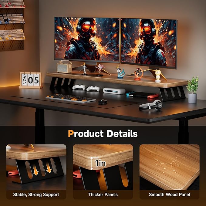 Dual Monitor Stand Riser, 39 Inch Large Wood Monitor Stands for 2 Monitors | Desk Monitor Riser for Computer/Laptop/Printer/TV, Stand Riser up to 220 lbs - Image 2