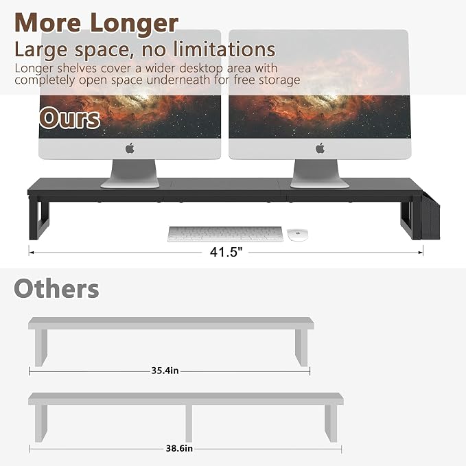 LAND·VOI Dual Monitor Stand Riser,41.5'' Long Monitor Stand for 2 Monitors, Wood and Steel Computer Monitor Stand, Desktop Oraganizer with Pen Holder, Monitor Riser for Desk Computer,Laptop,TV, Black - Image 3