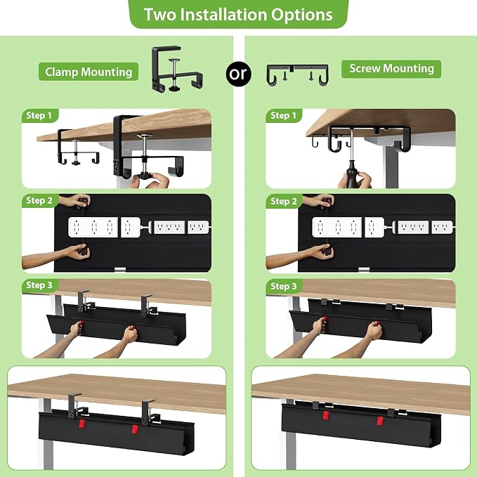 KEEGH No Drill Fabric Under Desk Cable Management Tray 28 in,Black | Clamp/Screw Mount, Supports Up to 70lbs, Fabric Wire Management Gaming/PC Cable Raceways, Cord Hiders for Office/Home - Image 6
