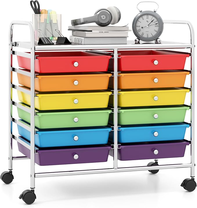Giantex 12 Drawers Rolling Cart, Mobile Storage Drawer Cart, Classroom Organizer Cart for Office School Supplies Tools Scrapbook Paper Craft Small Printer, Utility Cart on Wheels, Multicolor by Giantex