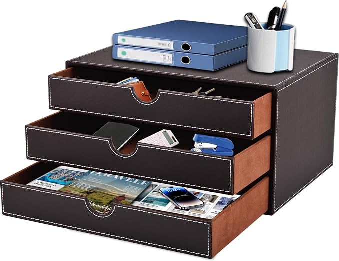 PU Leather Desk Organizer with 3 Drawers,Executive Office Supplies Desktop Filing A4 File Cabinet/Holder for Jewelry/Bill/Paper/Documents/Makeup Home Decor Stationery Storage Box,Brown by XNONE