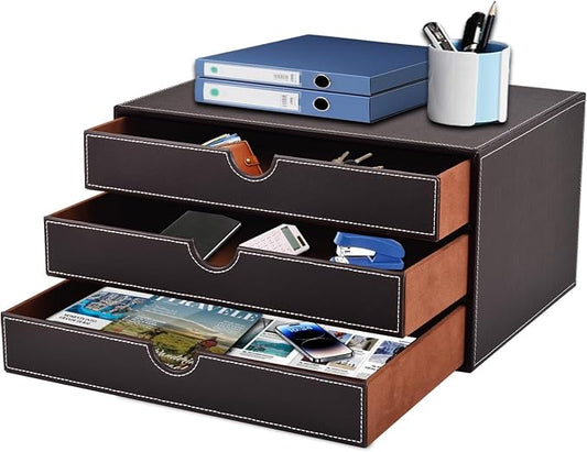 PU Leather Desk Organizer with 3 Drawers,Executive Office Supplies Desktop Filing A4 File Cabinet/Holder for Jewelry/Bill/Paper/Documents/Makeup Home Decor Stationery Storage Box,Brown by XNONE