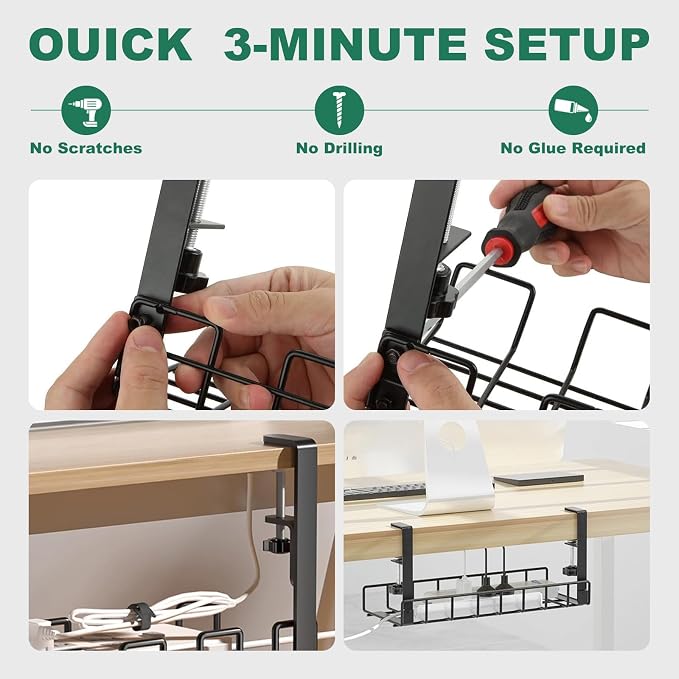 Cable Management Under Desk Tray No Drill, Table Cable Basket for Power Strips and Cables, No Screws Tidy Wire Organizer Clamp for Home, Office, Kitchen and Standing Desks, Black - Image 7