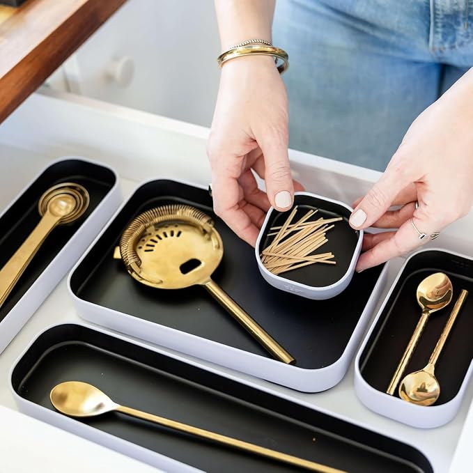 Three by Three Seattle Metal Drawer Organizer Tray Set, 5-Pc, 1" (Black) | Colorful 1" metal bins; food-safe; soft non-scratch base; kitchen, bathroom, vanity, desk & office drawers - Image 3