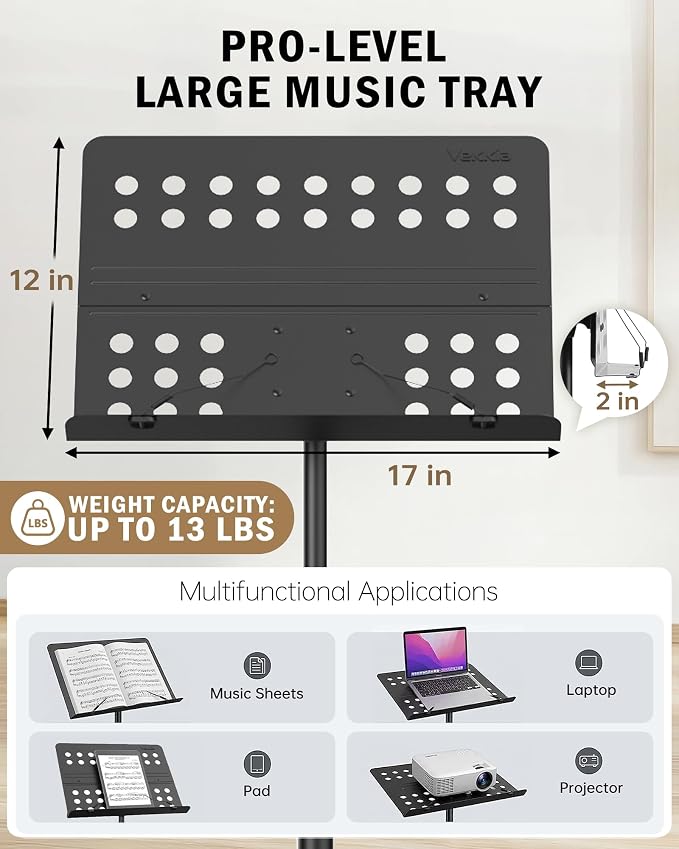 Vekkia Metal Professional Portable Perforated Sheet Music Stand | Folding Adjustable Holder/with Carrying Bag/Sturdy for Instrumental Performance, Band & Travel - Image 7