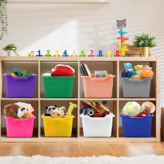 24 Pcs Plastic Book Bins for Classroom Library Colorful Scoop Front Cubby Bins Stackable Toy Storage Containers with Handles for School Home Office Nursery Daycare (Bright Color) - Image 5