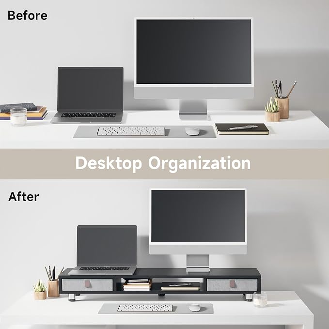 Fenge Dual Monitor Stand, 2-Tier Desk Organizer with Drawers, 42.5in, Black | Storage Fabric Drawer, Ergonomic Height Adjustable, Desk Shelf for Top of Desk, Laptop, PC, TV, Home Office Organization - Image 8