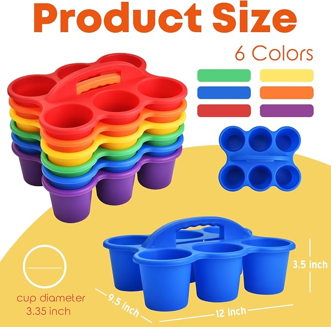 ALINK 6 Pack Classroom Caddy Storage Basket with Handle, Plastic Drink Cup Caddy Holder, 6 Compartments for Kids, Table, Office, Arts, Crafts, Crayon, Marker, Pencil, School Supplies - Assorted Colors - Image 2