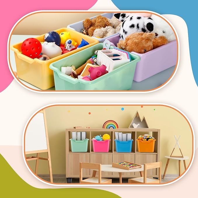 36 Pcs Plastic Book Bins for Classroom Library Colorful Scoop Front Cubby Bins Stackable Toy Storage Containers with Handles for School Home Office Nursery Daycare (Vintage Color) - Image 3