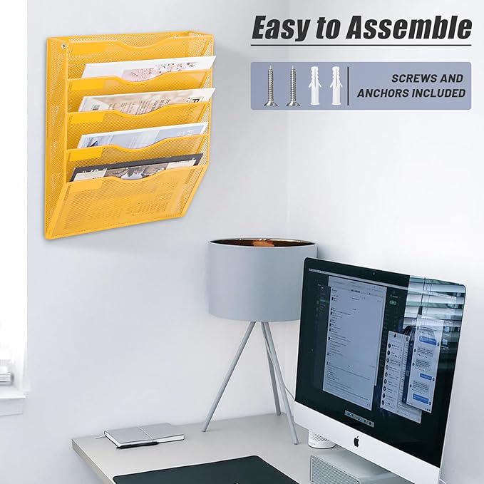 5 Pocket Mesh Hanging Wall File Organizer, Wall Mounted Mail Paper Document Folder Holder, Clipboard Storage Organization Magazine Rack with Nametag Label for Office Home School, Yellow - Image 6