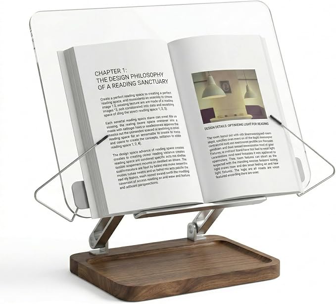muso wood Acrylic Book Stand with Walnut Storage & Elastic Clips | Adjustable Desktop Holder, Supports Cookbooks, Magazines, Tablets and Laptops by Musowood